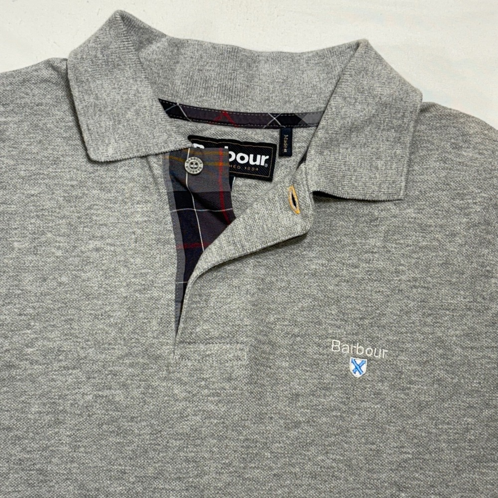 Barbour Polo Shirt Men XL Grey Short Sleeve Tartan Trim Pique Cotton Fit M/L SEE